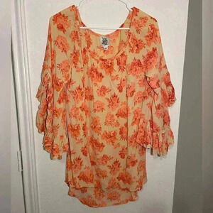 Ivy Jane Rayon Floral Cream and Blush Pink Quarter Length Ruffle Blouse Size M